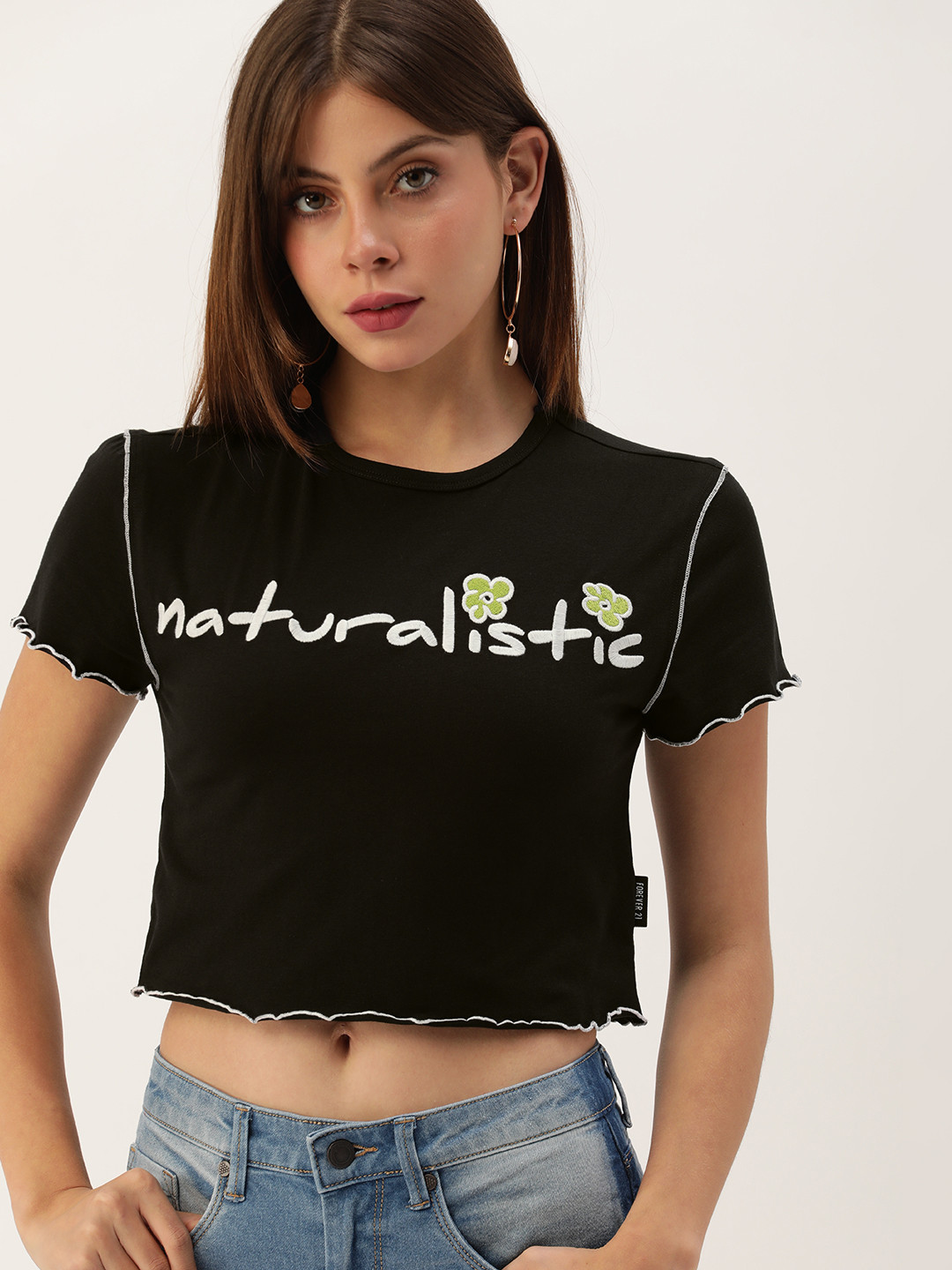 

FOREVER 21 Black Typography Embroidered Crop Top