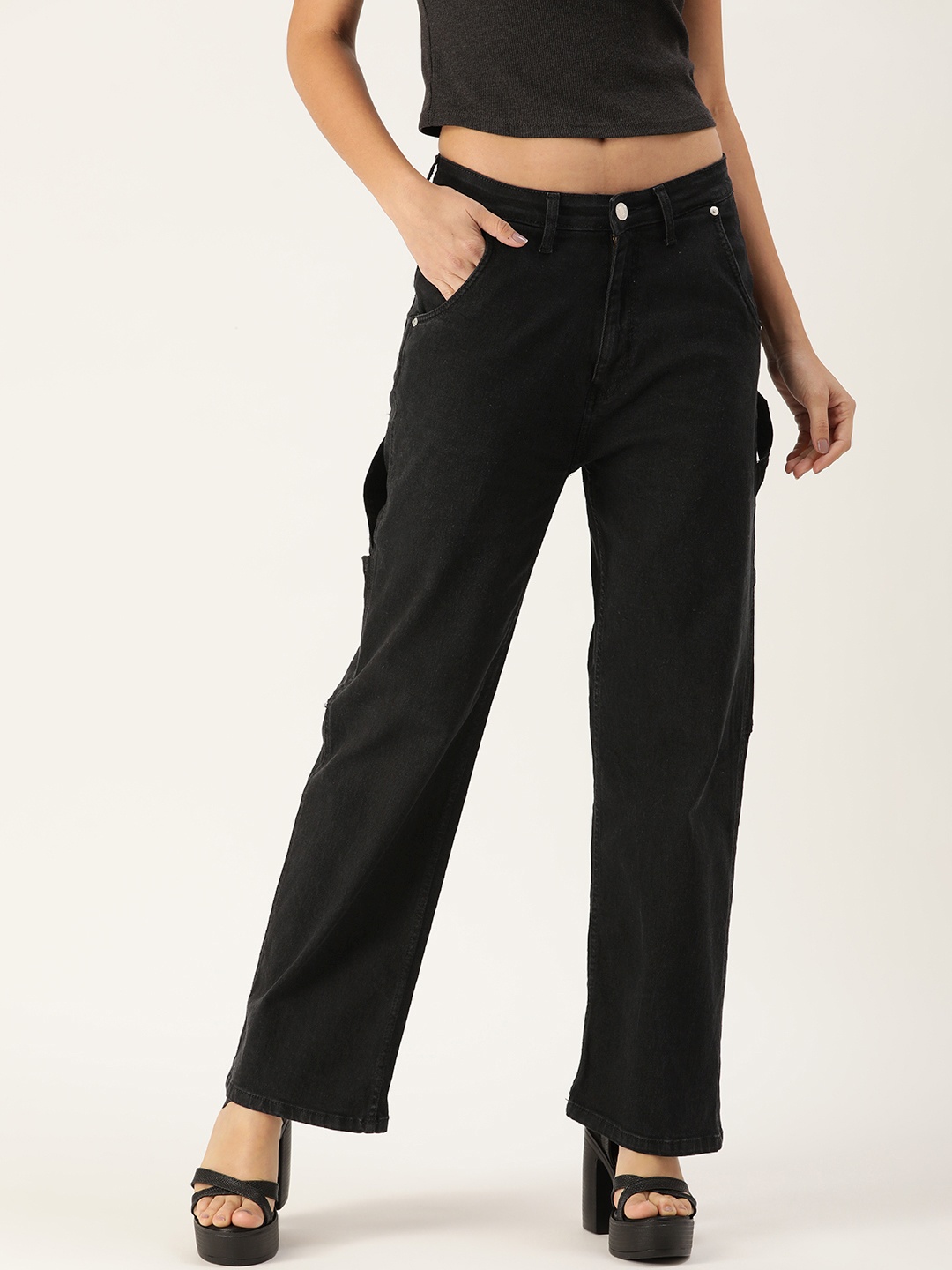 

FOREVER 21 Women Black Relaxed Fit Mid-Rise Clean Look Stretchable Jeans