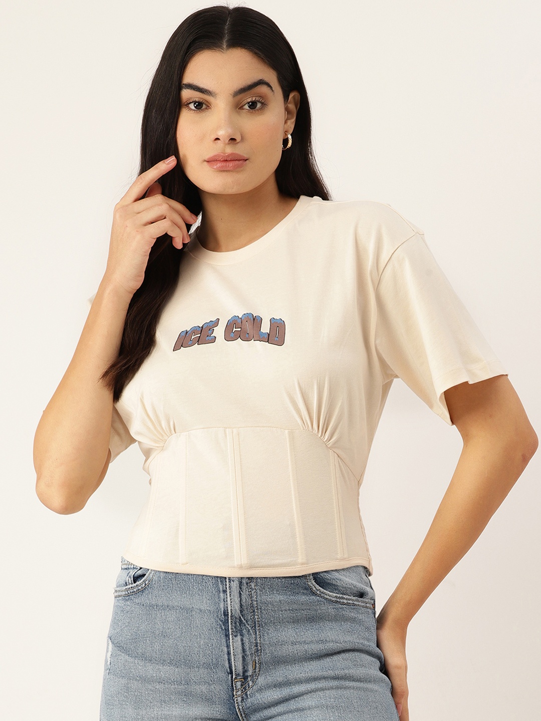 

FOREVER 21 Printed Extended Sleeves Corset Style Blouson Top, Cream