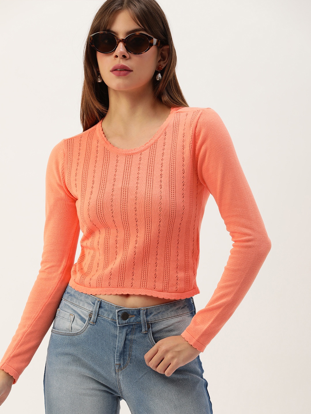 

FOREVER 21 Women Peach-Coloured Self Designed Schiffli Casual Crop Top