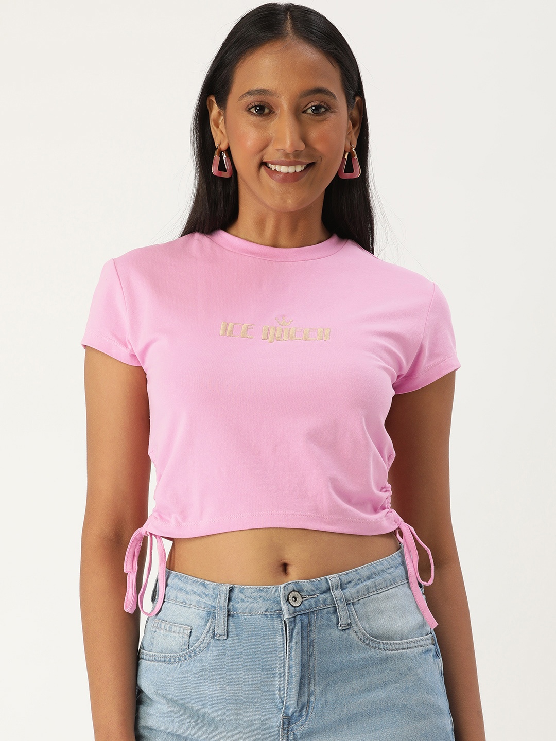 

FOREVER 21 Pink Embroidered Tie-Up Detailed Crop Top