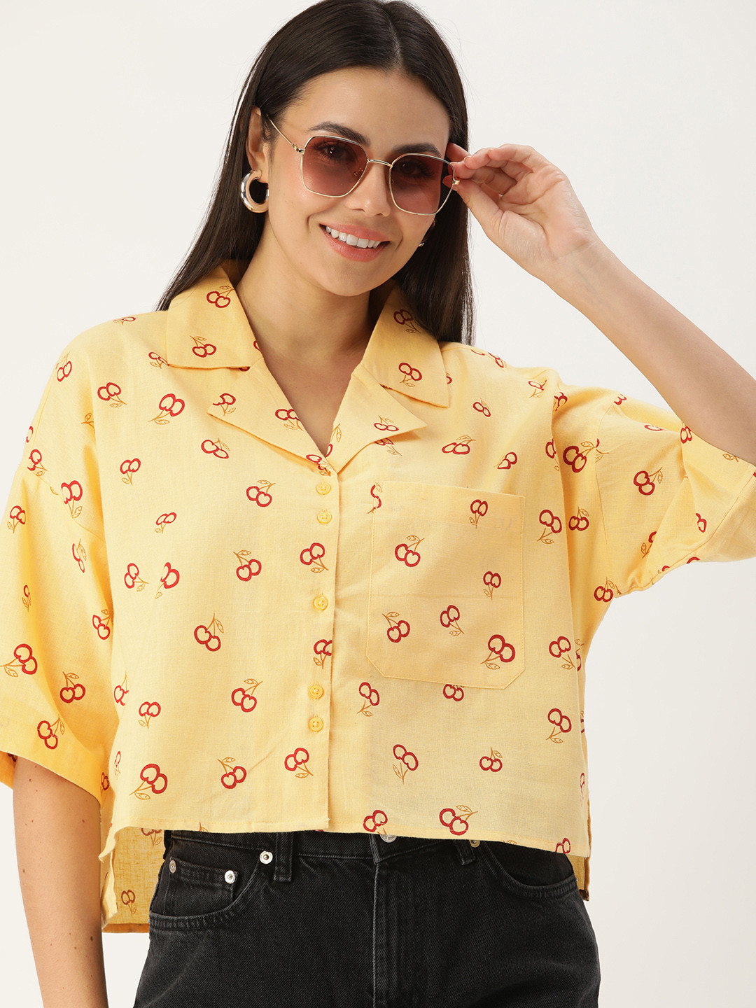 

FOREVER 21 Women Yellow Graphic Printed Cotton Linen Casual Crop Shirt