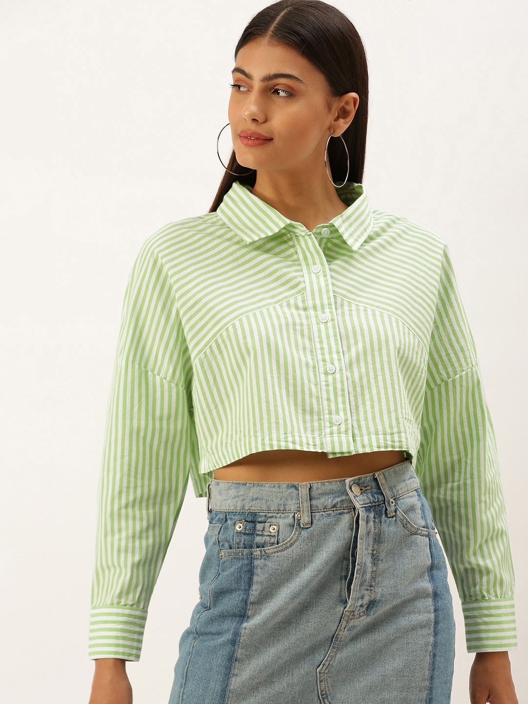 

FOREVER 21 Women Green Multi Stripes Striped Casual Pure Cotton Crop Shirt