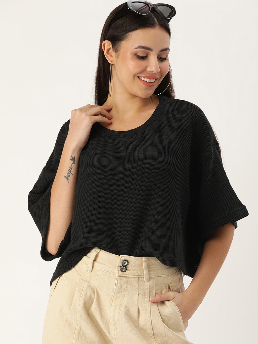 

FOREVER 21 Women Black Self Design Pure Cotton Boxy Crop Top