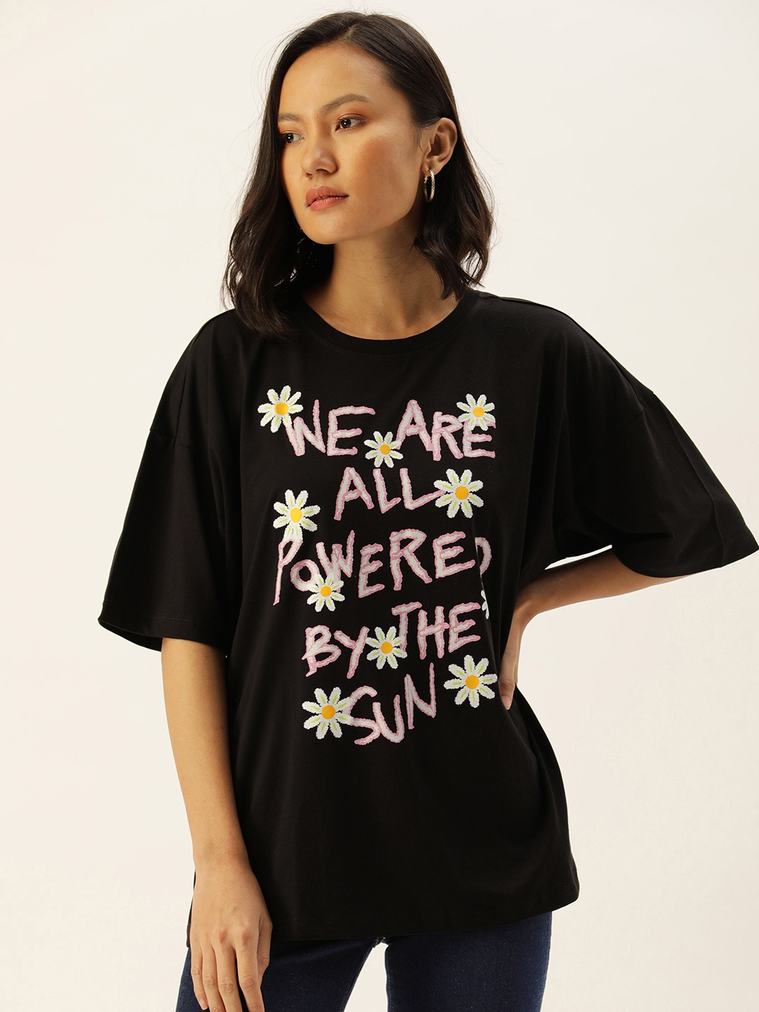 

FOREVER 21 Women Black Typography And Floral Printed Regular Top