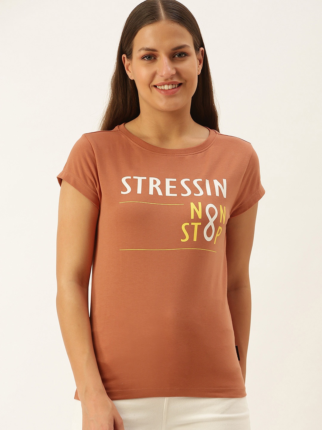 FOREVER 21 Women Rust Brown Typography Printed T-shirt