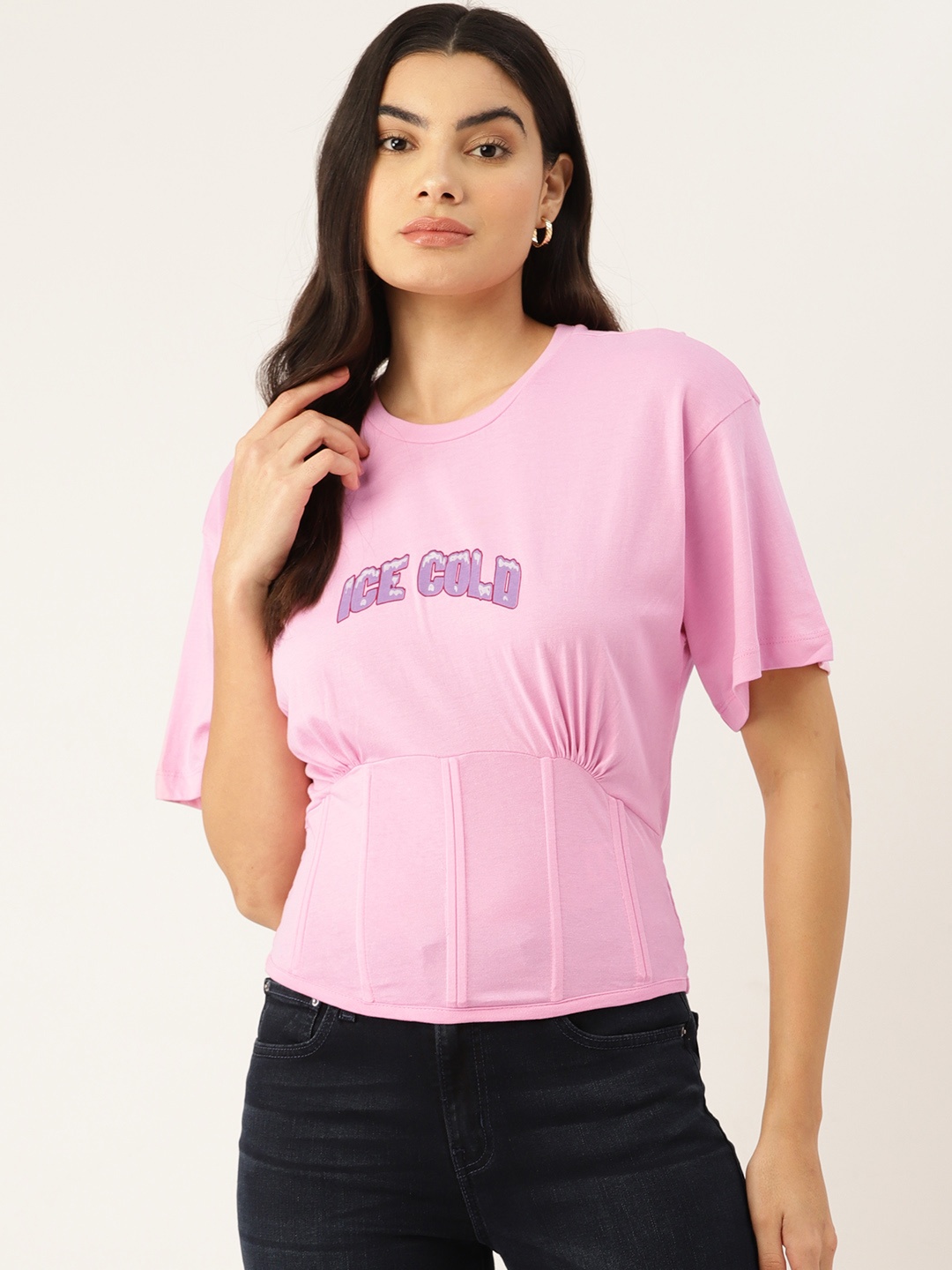 

FOREVER 21 Printed Extended Sleeves Corset Style Blouson Top, Pink