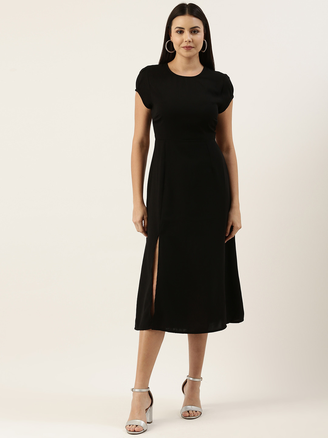 

FOREVER 21 Women Black Solid A-Line Midi Dress With Side Slit