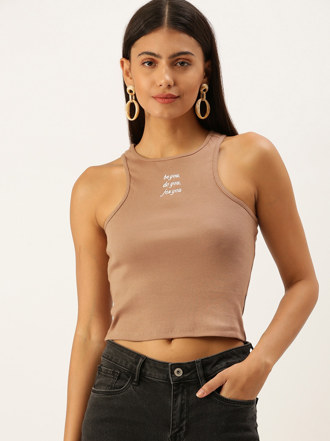 

FOREVER 21 Women Brown Ribbed Crop Top