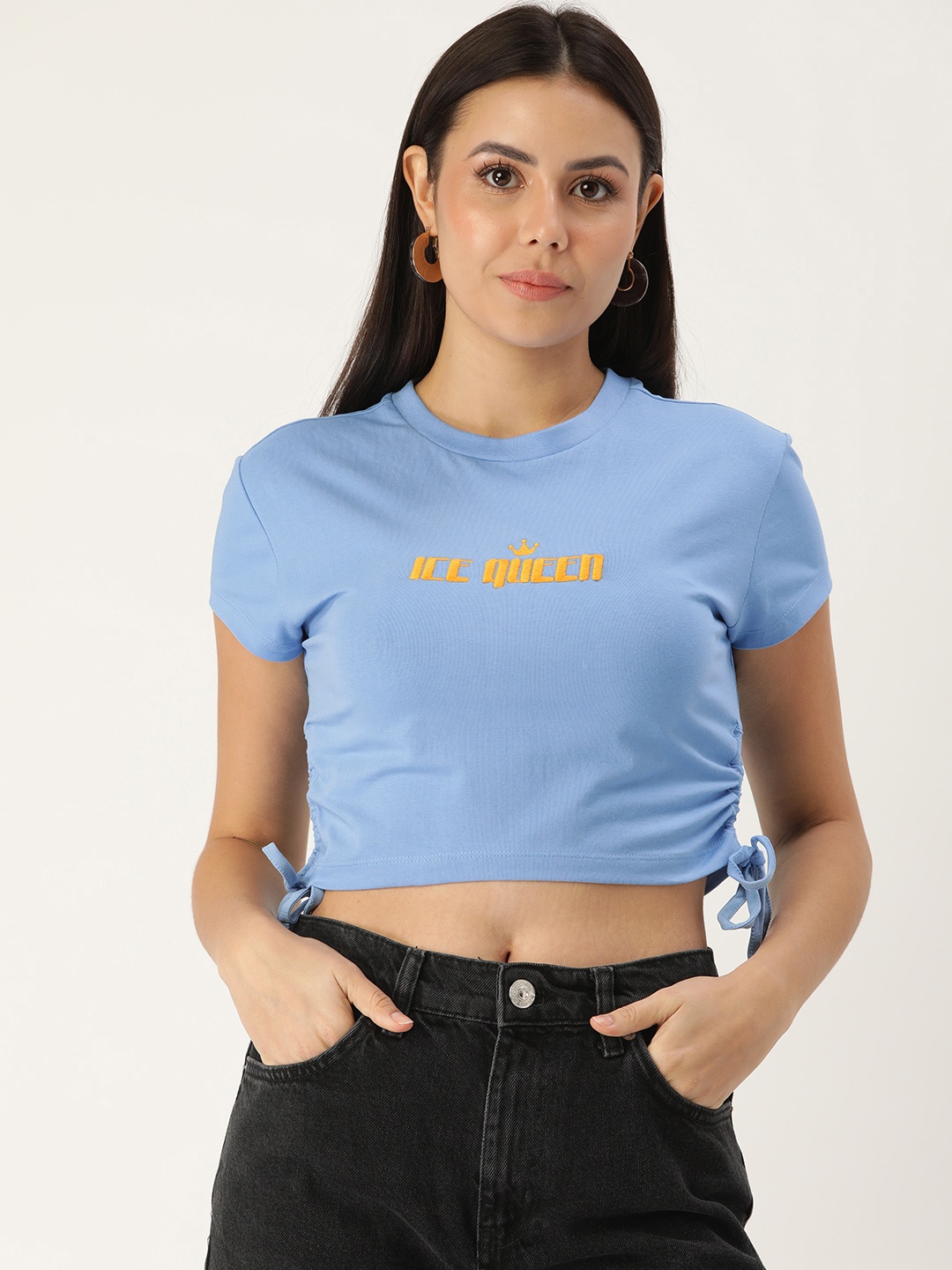 

FOREVER 21 Women Blue Embroidered Crop Top With Tie-ups Detail