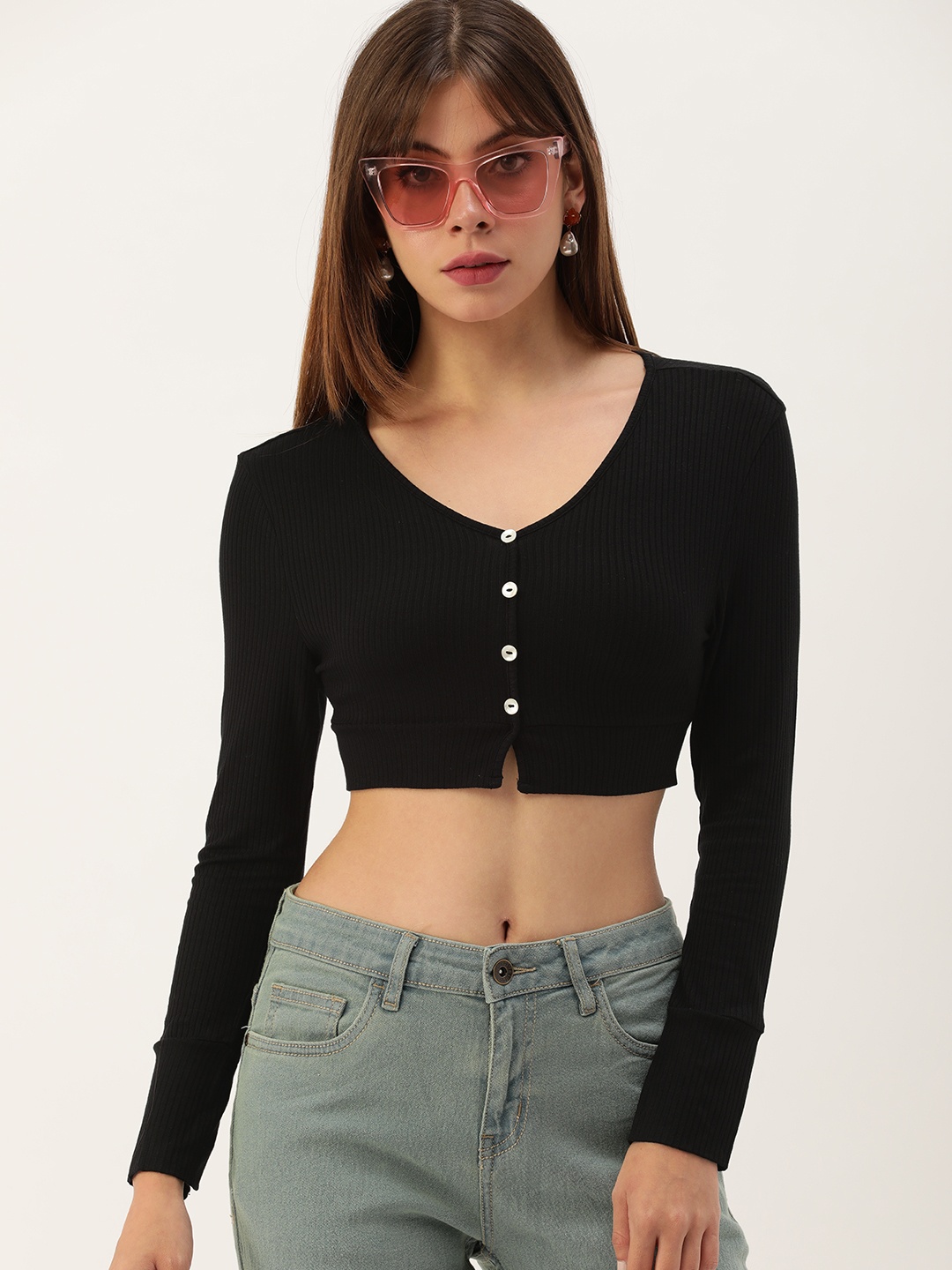 

FOREVER 21 Women Black Self Designed Casual Crop Top