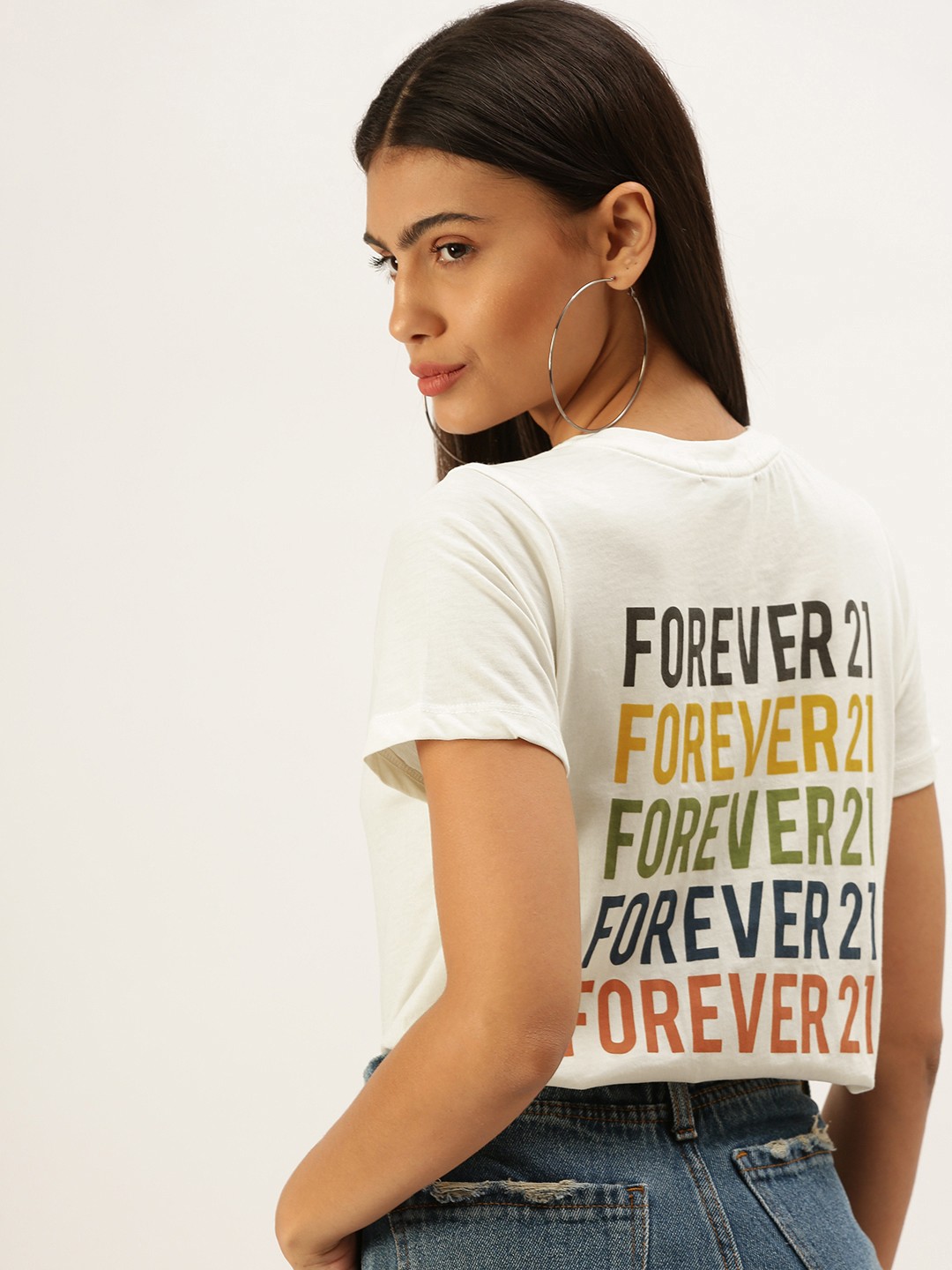 

FOREVER 21 Women White Brand Logo Regular Top