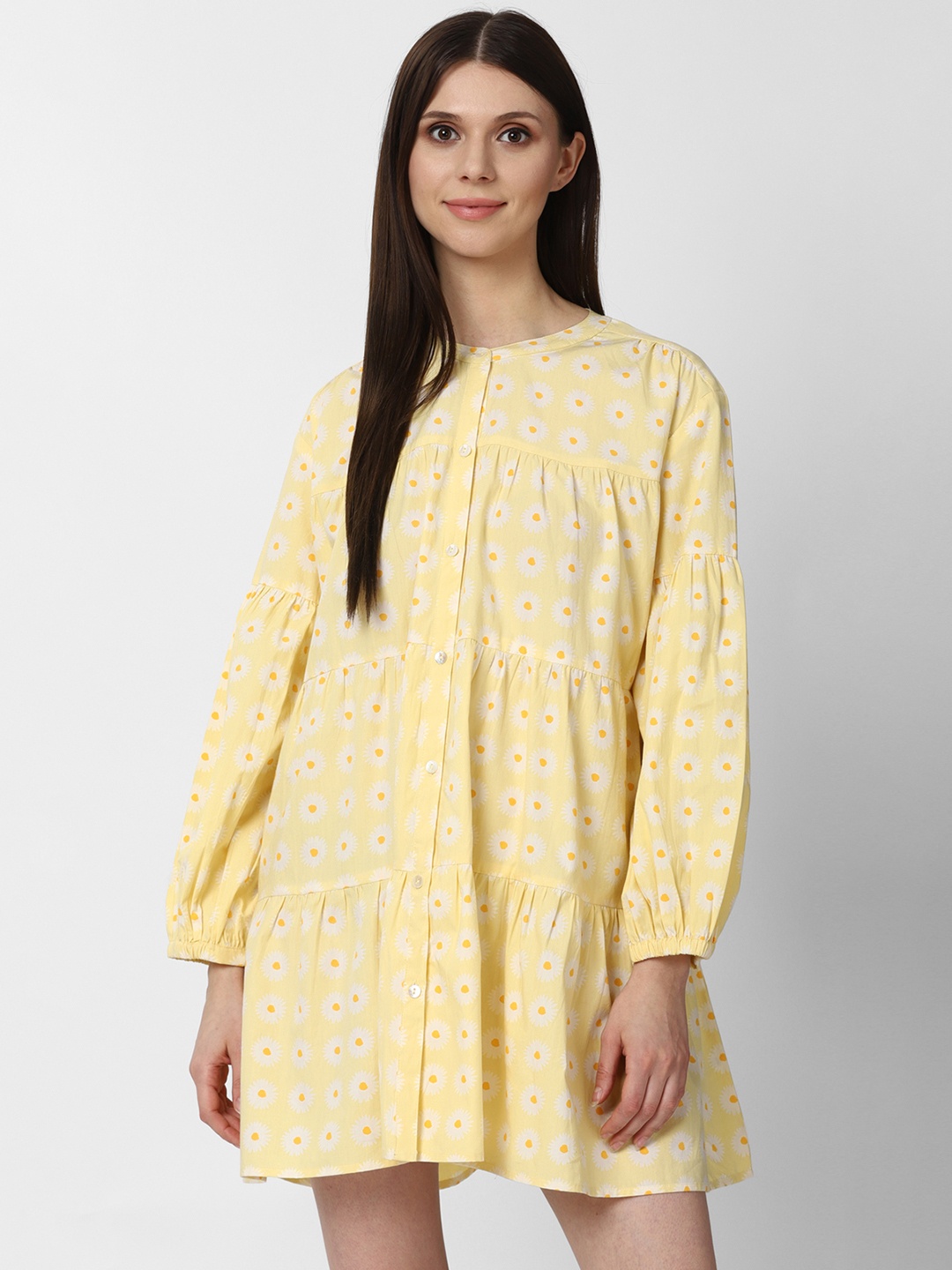 

FOREVER 21 Yellow & White Floral Tiered A-Line Mini Dress