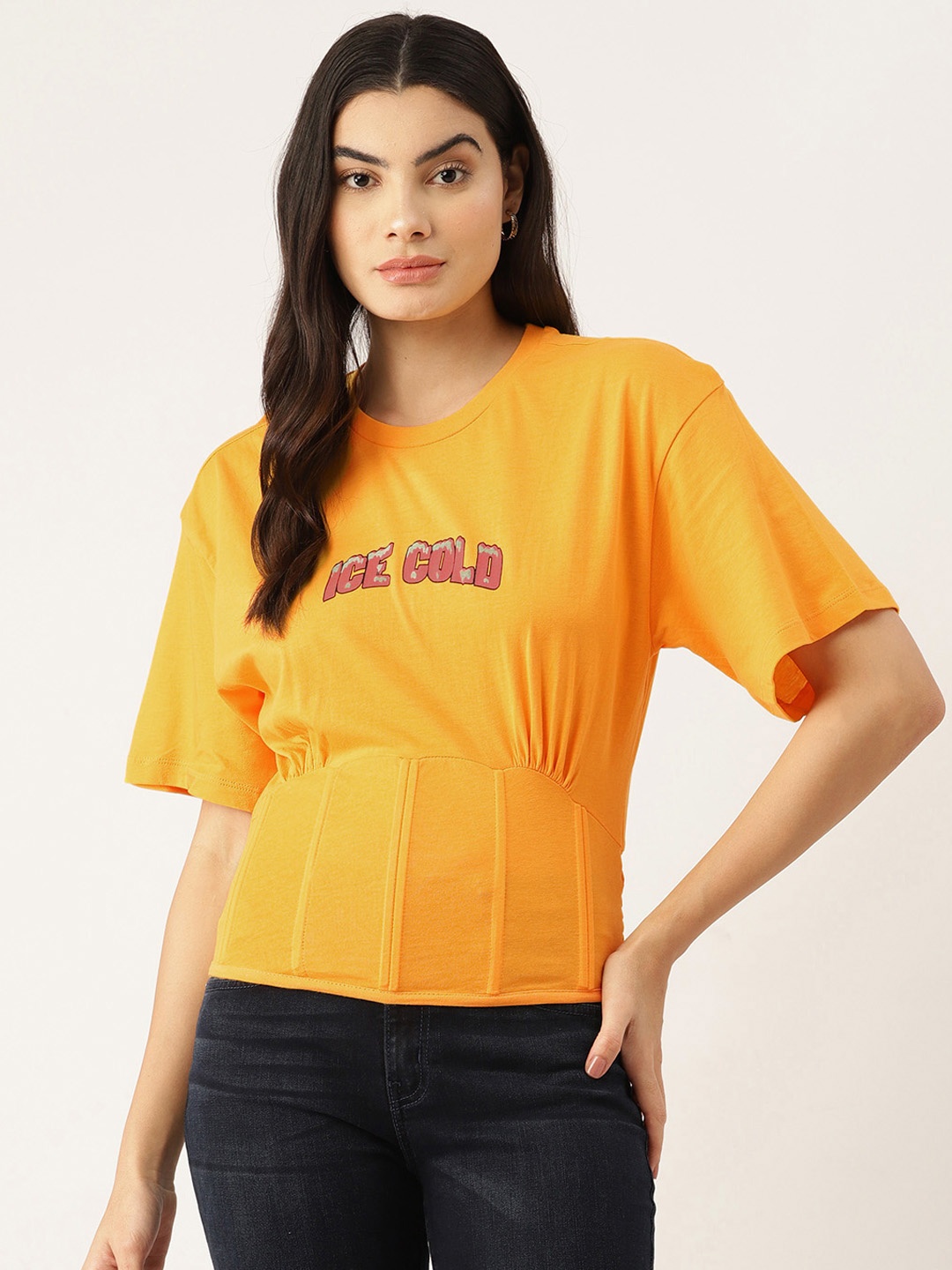 

FOREVER 21 Printed Extended Sleeves Corset Style Blouson Top, Orange