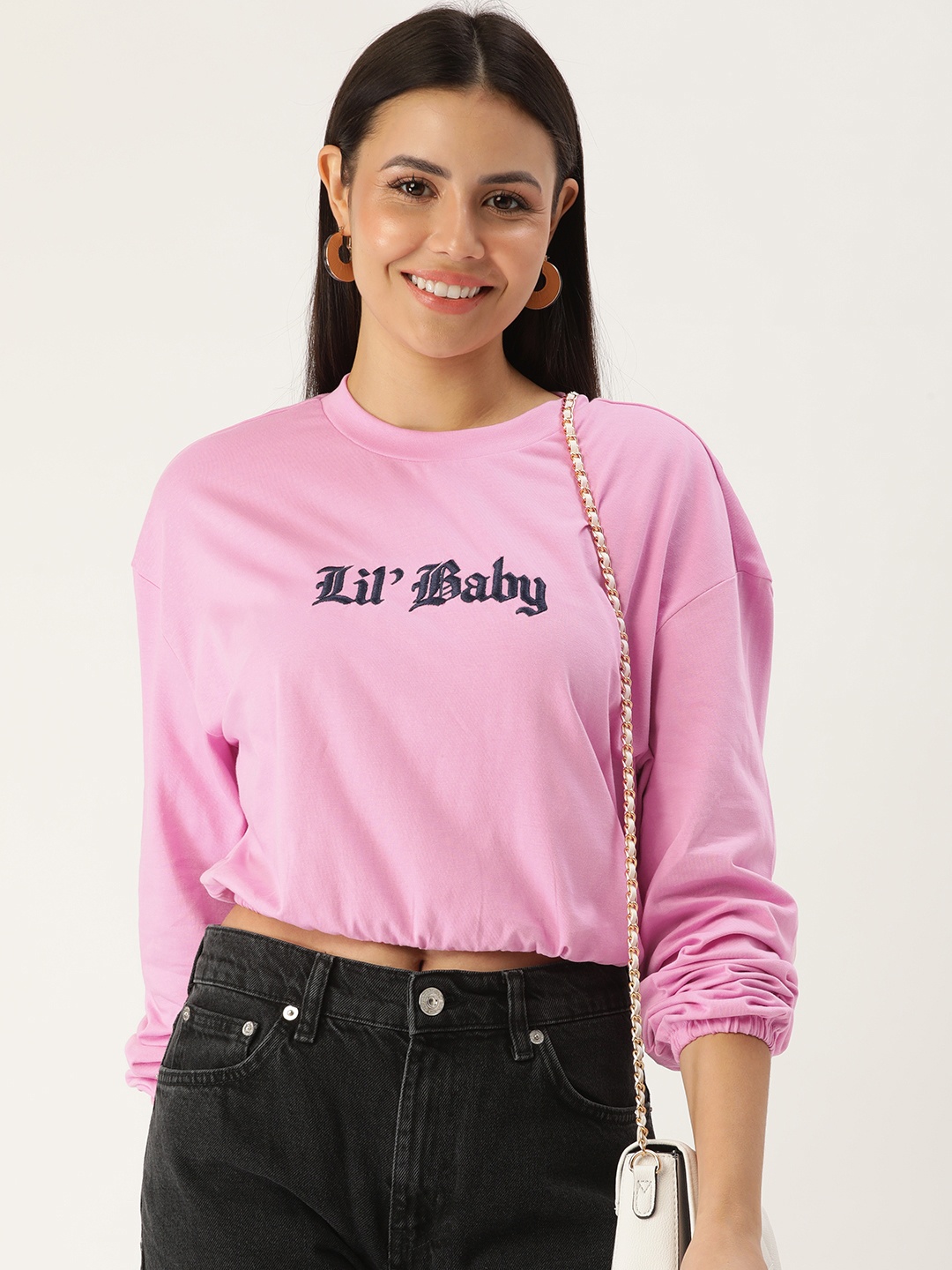 

FOREVER 21 Pink Embroidered Blouson Crop Top