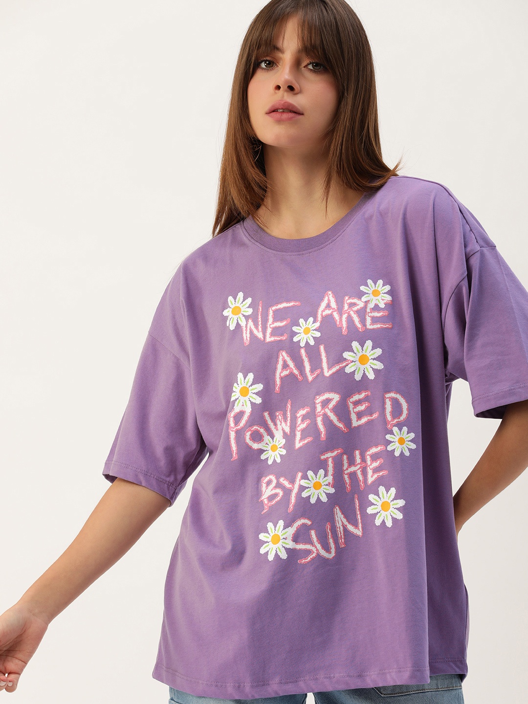 

FOREVER 21 Women Violet & Multicoloured Graphic Print Casual Longline Top