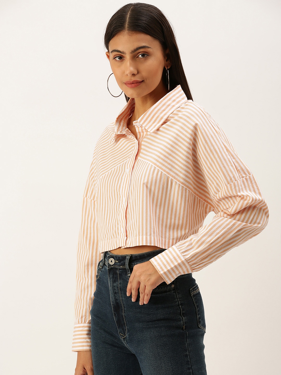 

FOREVER 21 Women Peach-Coloured & White Multi Stripes Striped Casual Crop Shirt