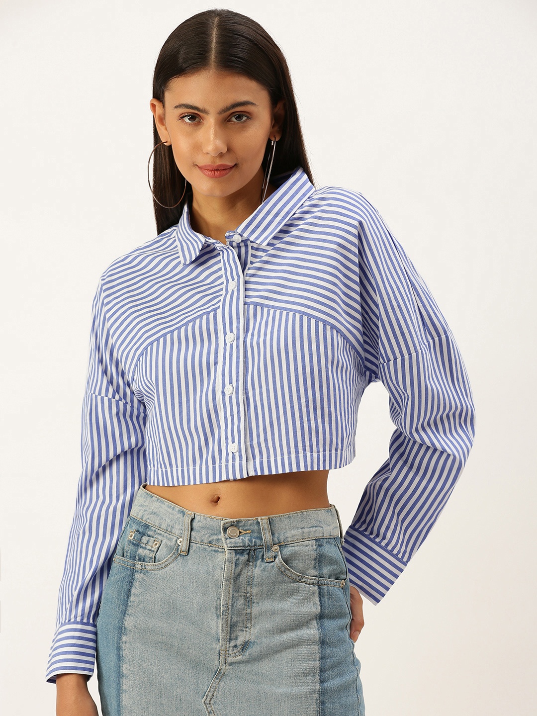 

FOREVER 21 Women Blue & White Multi Stripes Striped Casual Crop Shirt