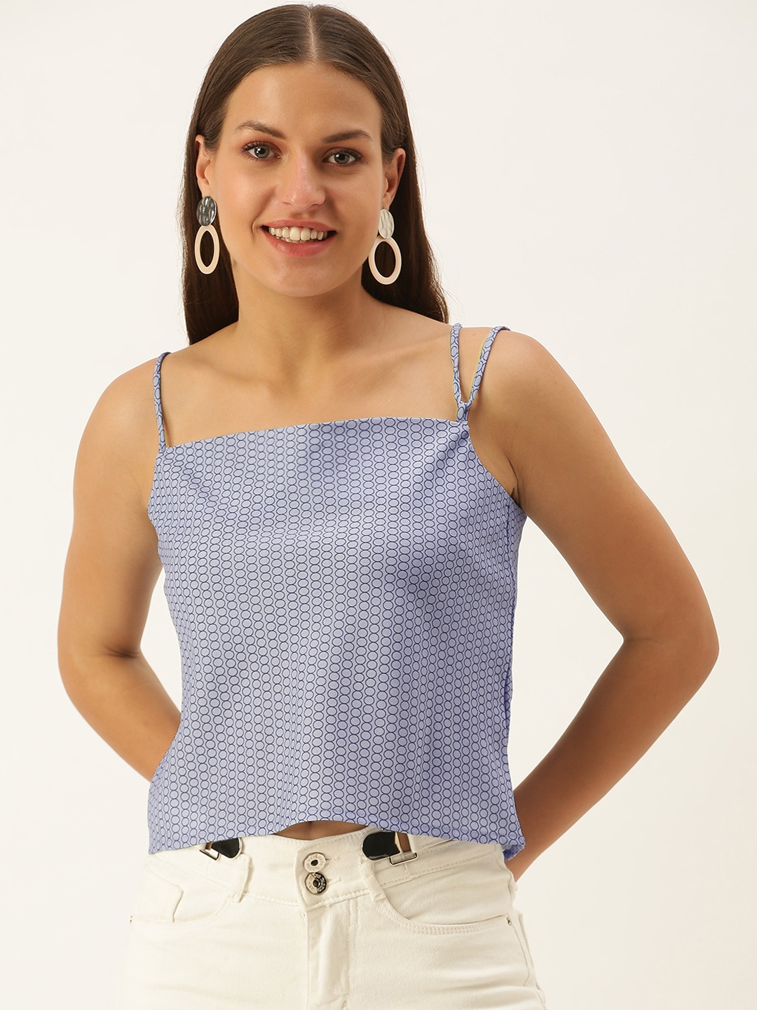 

FOREVER 21 Blue Geometric Printed Sleeveless Crop Top