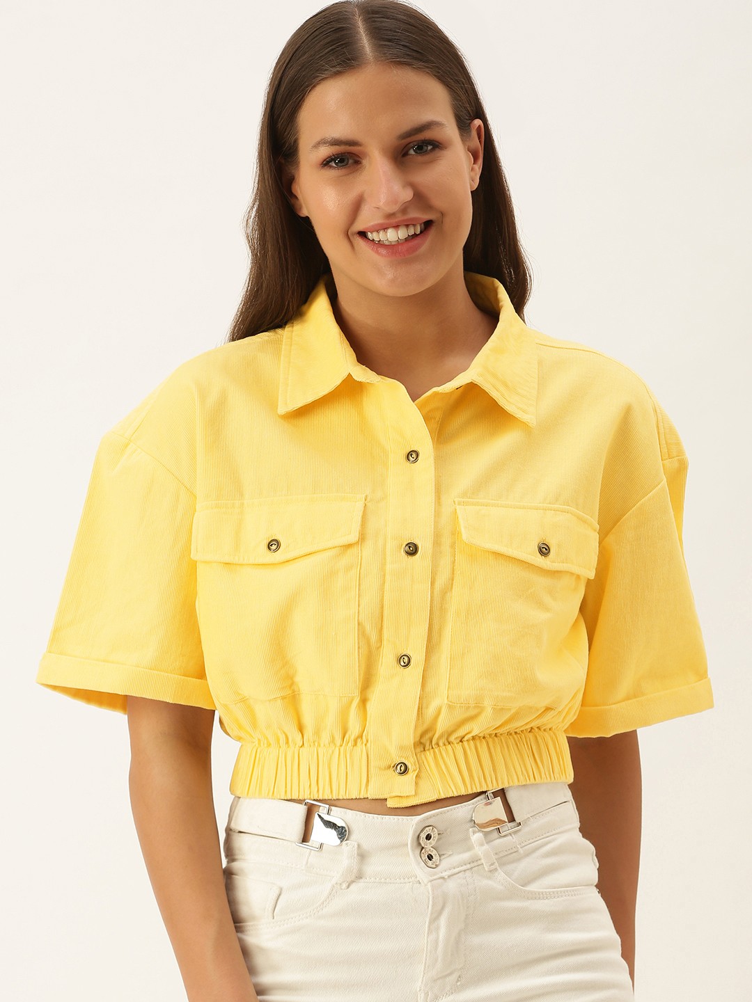 

FOREVER 21 Yellow Solid Shirt Style Crop Top