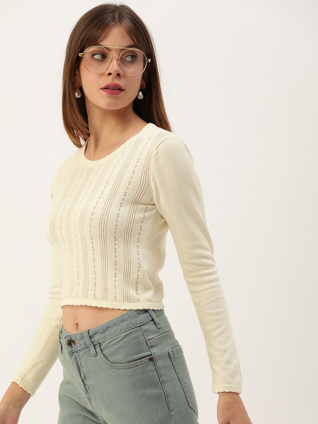 

FOREVER 21 Women Cream-Coloured Self Designed Schiffli Casual Crop Top