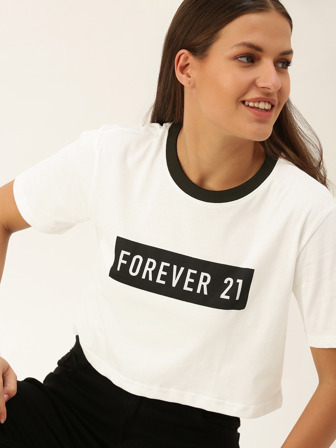 

FOREVER 21 White & Black Brand Logo Printed Crop Top