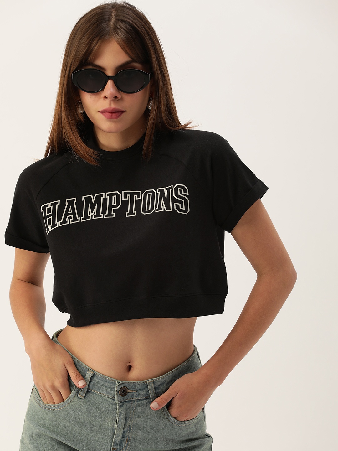 

FOREVER 21 Women Black Typography Print Casual Crop Top