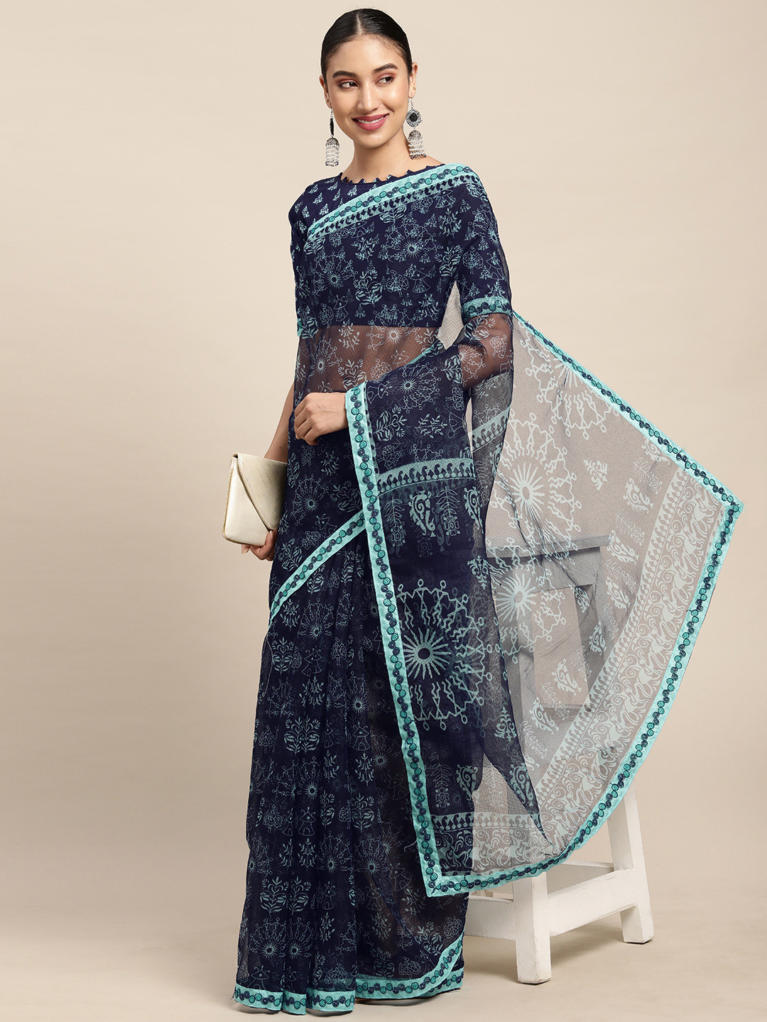 

Mitera Blue Ethnic Motifs Printed Cotton Blend Saree with Blouse Piece