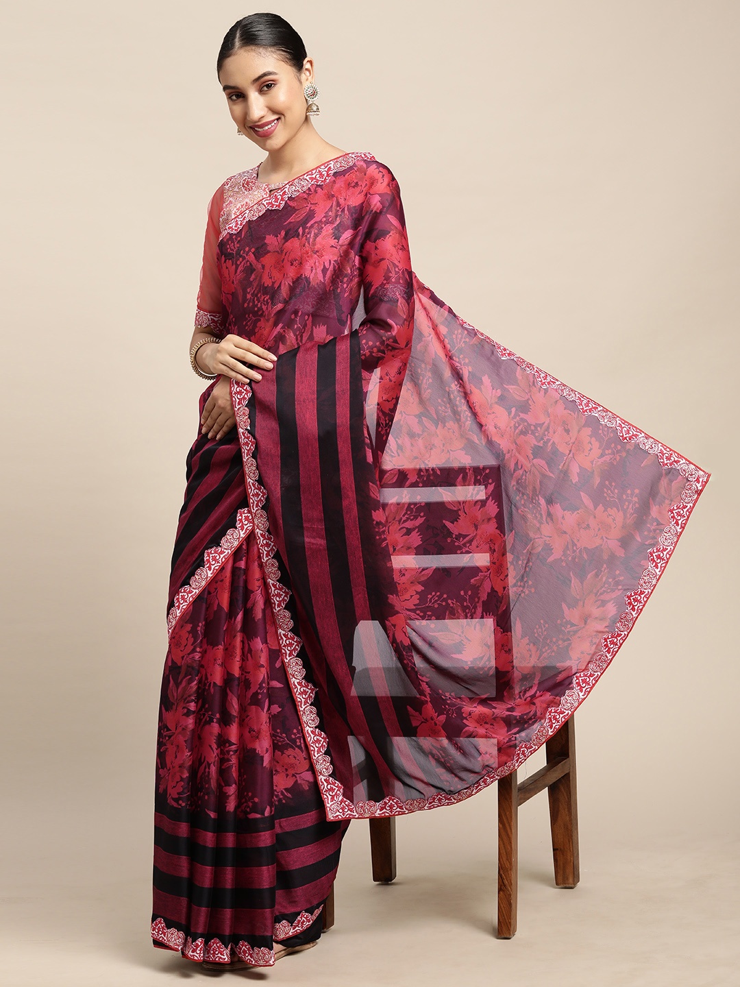 

Mitera Red Floral Satin Saree