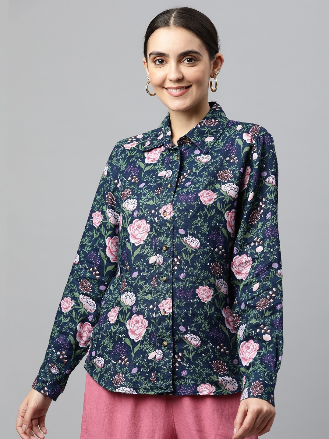 

Marks & Spencer Women Navy Blue & Pink Floral Printed Casual Shirt