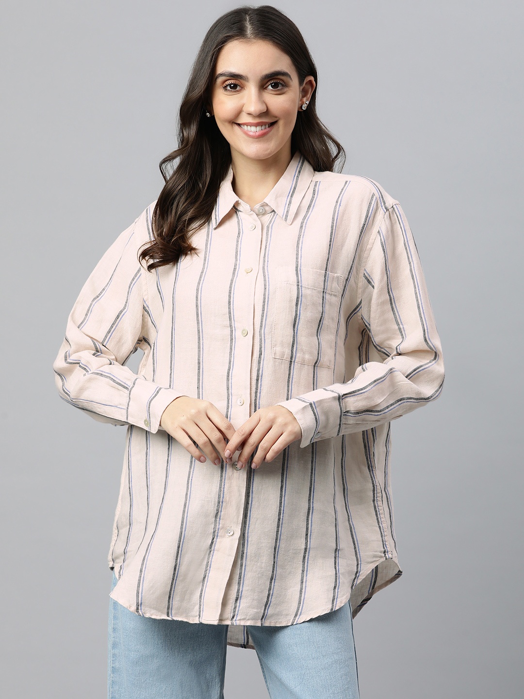 

Marks & Spencer Women Off White & Black Striped Casual Shirt