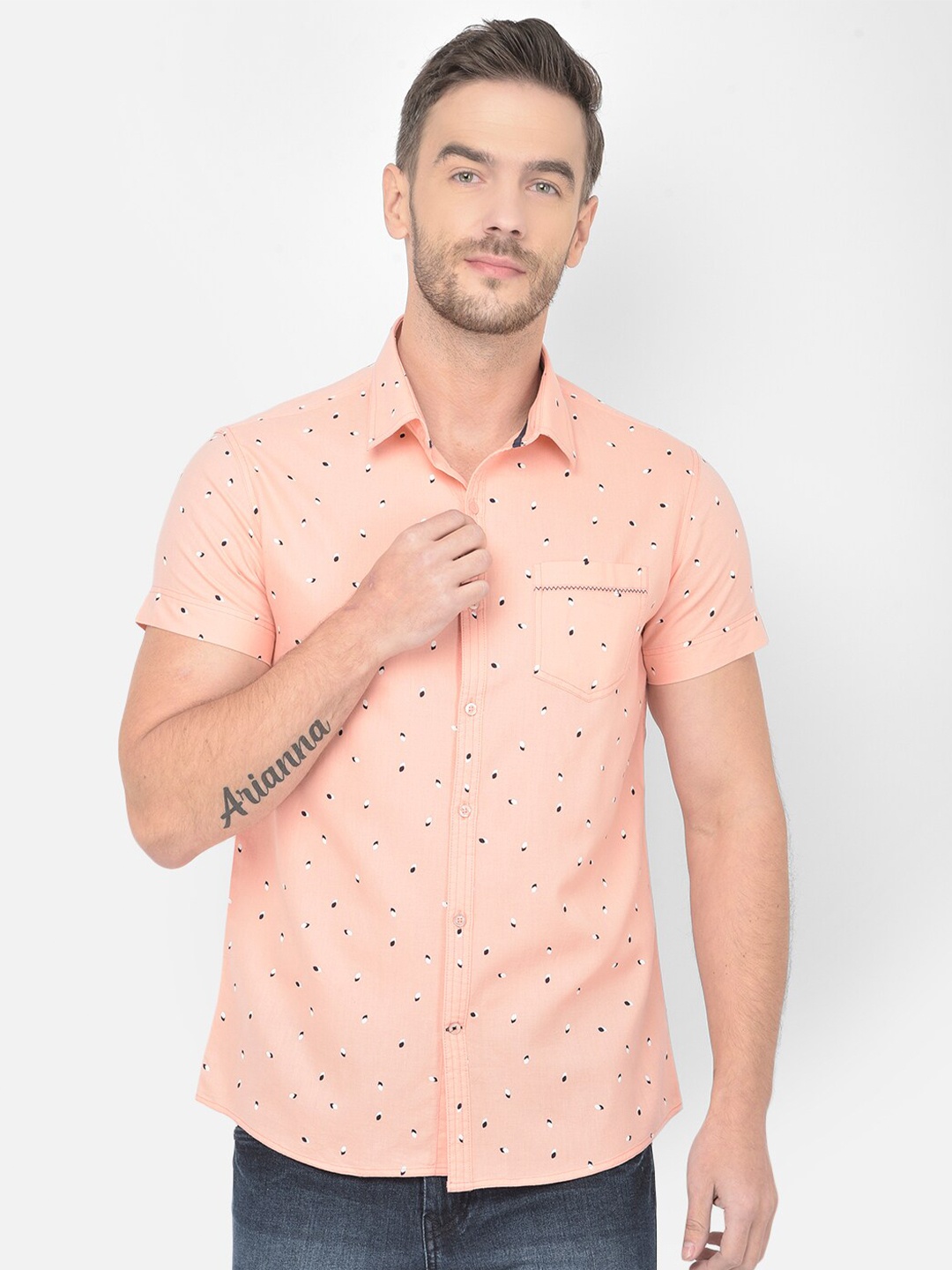 

Canary London Men Peach-Coloured Smart Slim Fit Printed Cotton Casual Shirt