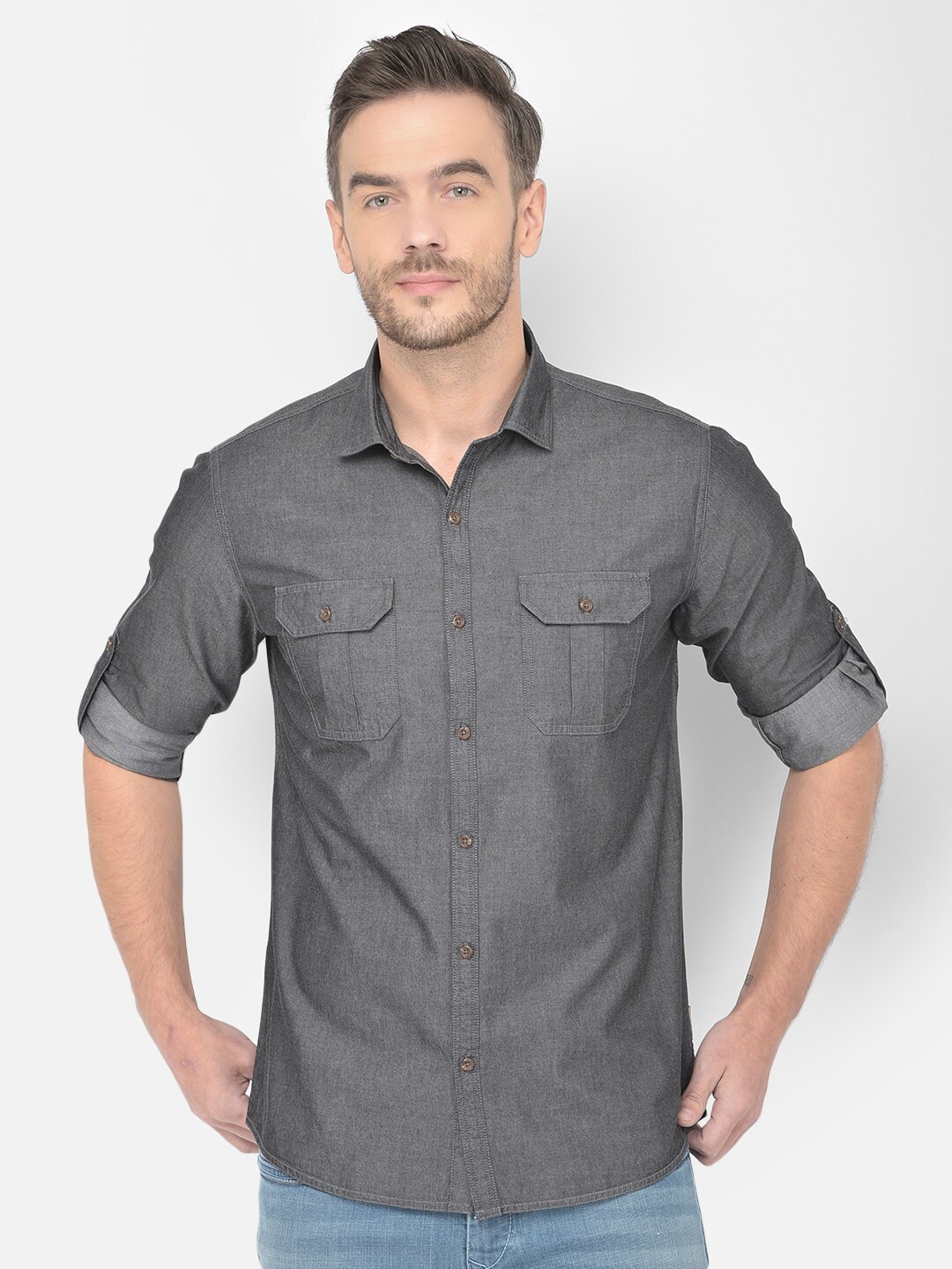 

Canary London Men Charcoal Grey Smart Slim Fit Cotton Casual Shirt