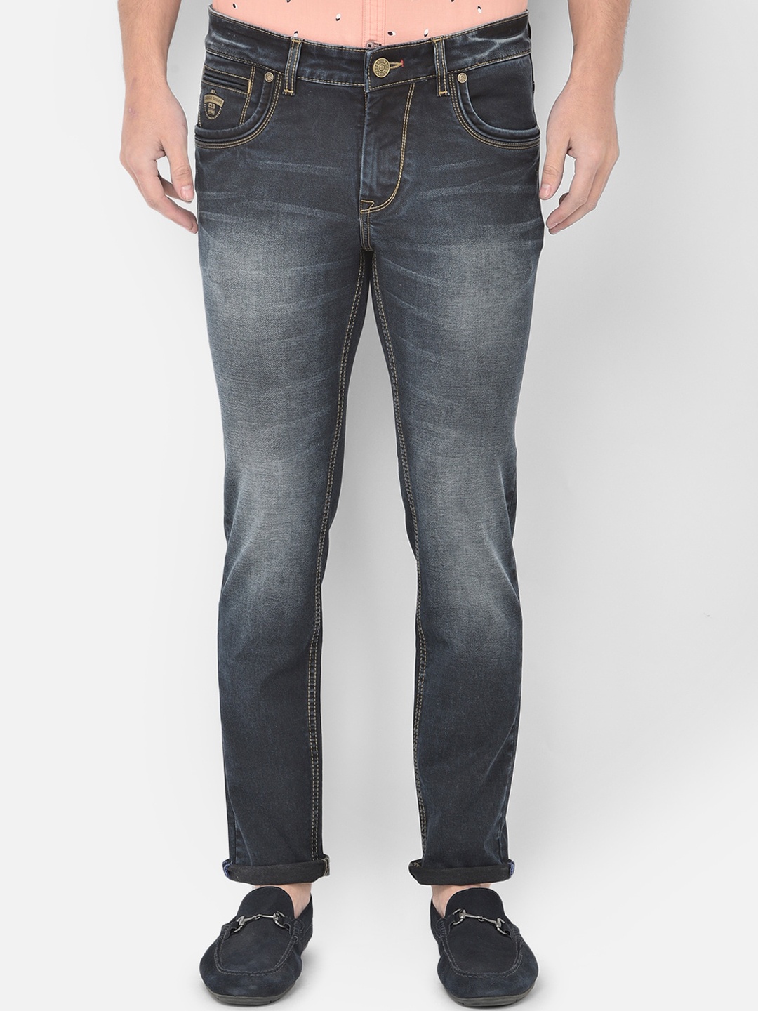 

Canary London Men Blue Smart Slim Fit Low-Rise Heavy Fade Embroidered Stretchable Jeans