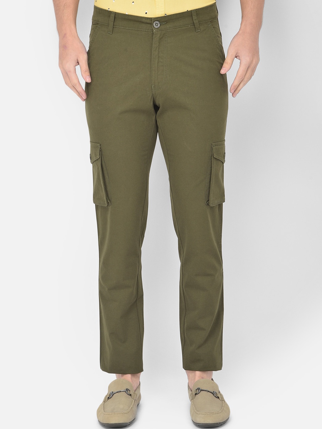

Canary London Men Olive Green Smart Slim Fit Wrinkle Free Cargos Trousers