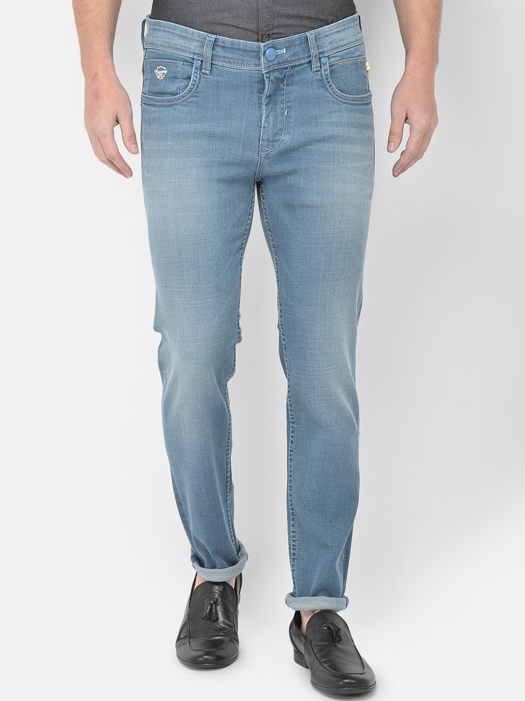 

Canary London Men Blue Smart Slim Fit Low-Rise Light Fade Embroidered Stretchable Jeans