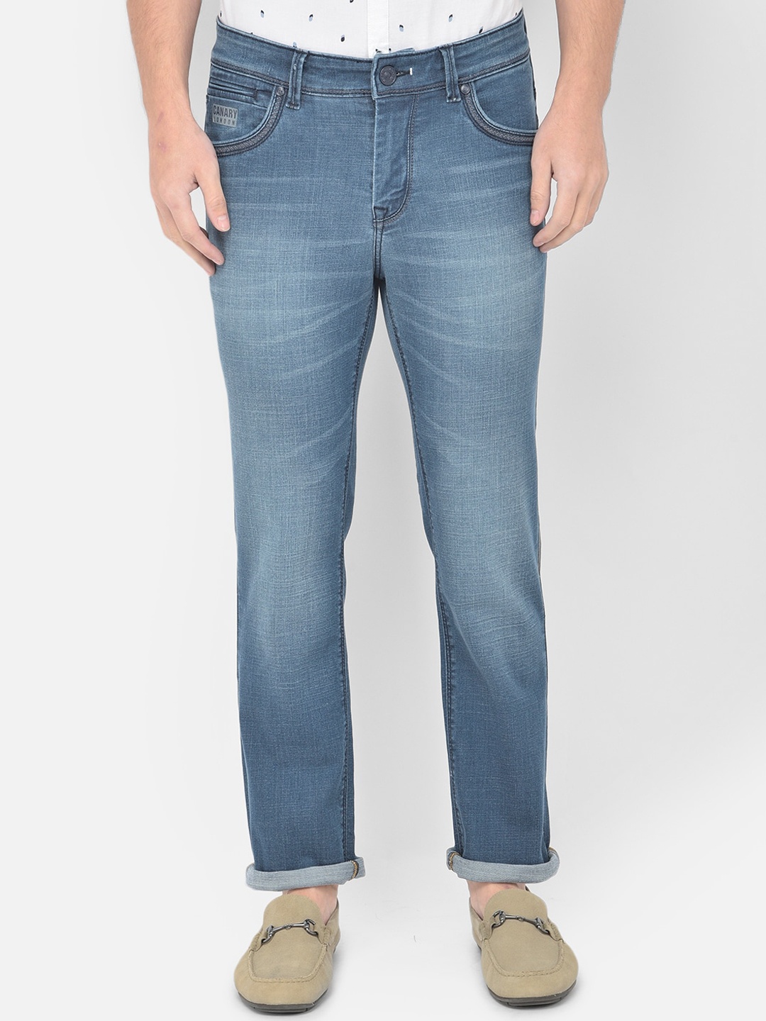

Canary London Men Blue Smart Straight Fit Heavy Fade Embroidered Stretchable Jeans