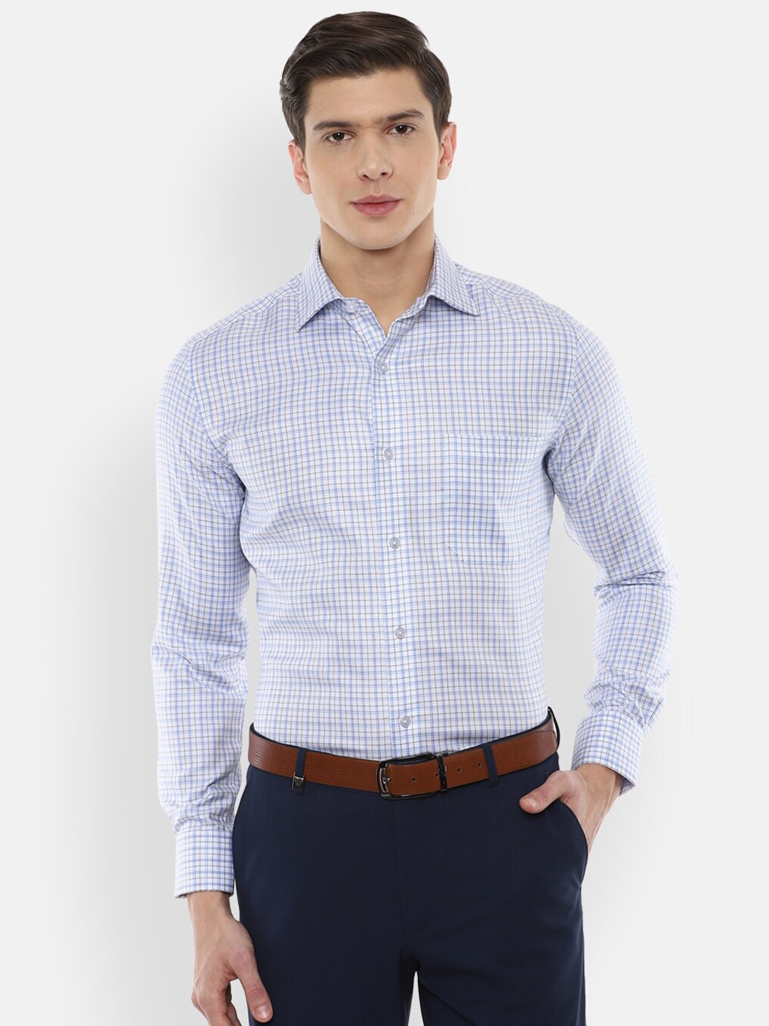 

Louis Philippe Permapress Men Blue & White Checked Pure Cotton Formal Shirt