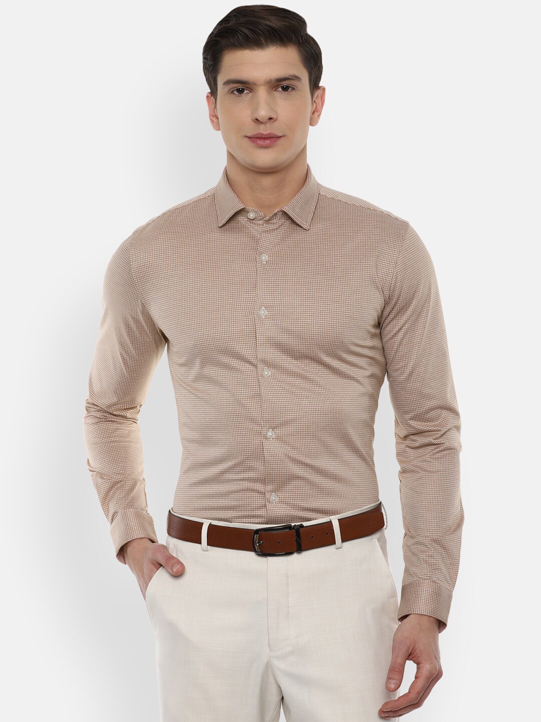 

Louis Philippe Permapress Men Beige Slim Fit Printed Pure Cotton Formal Shirt
