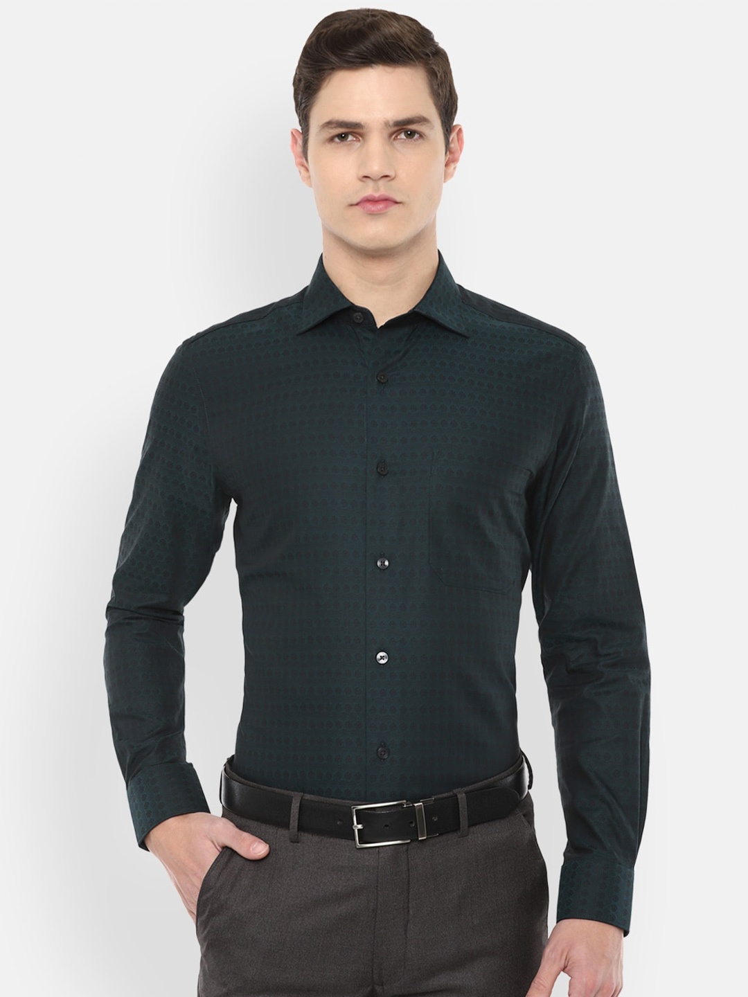 

Louis Philippe Gods & Kings Men Green & Black Printed Pure Cotton Formal Shirt