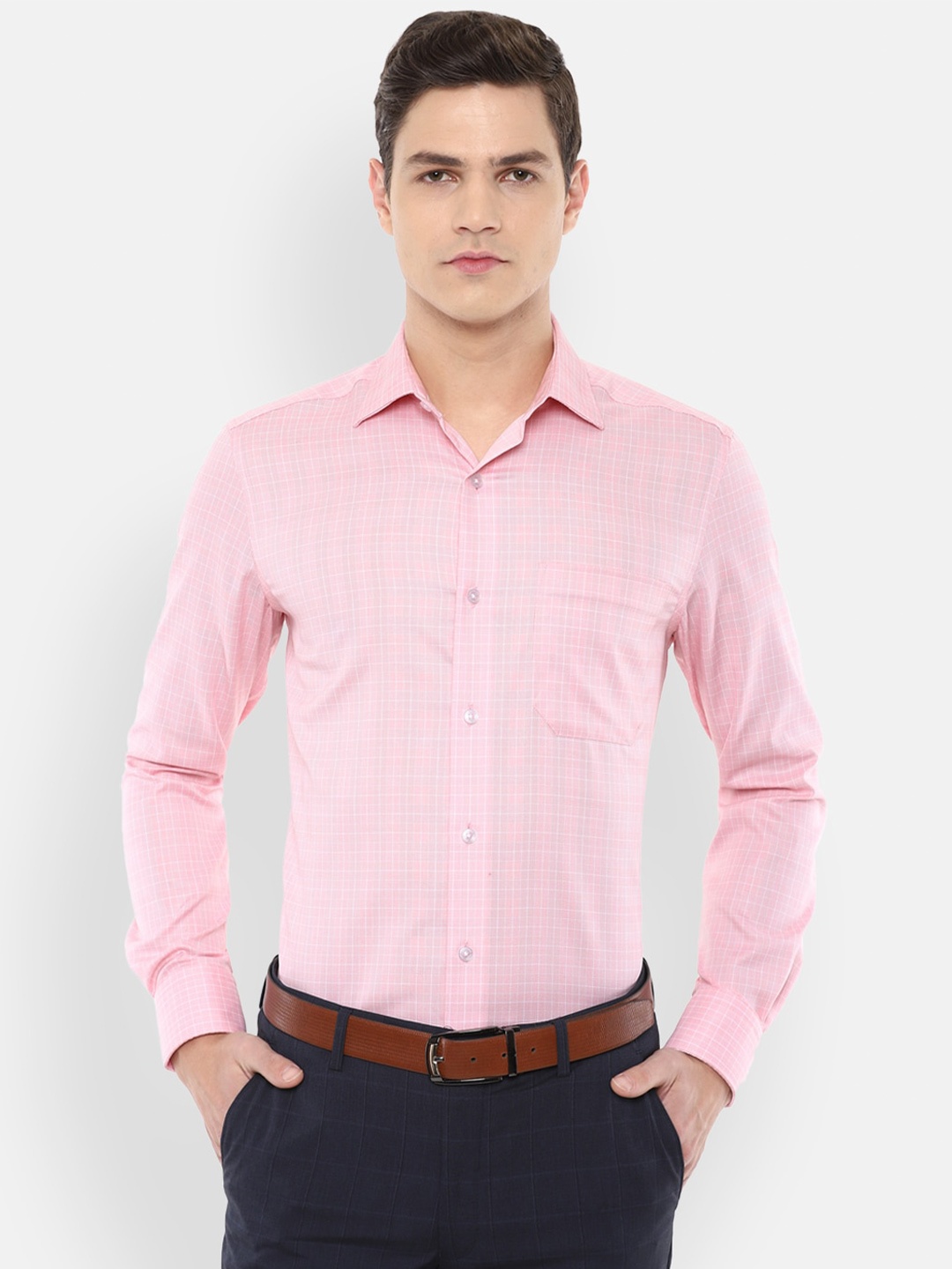 

Louis Philippe Permapress Men Pink & White Checked Pure Cotton Formal Shirt