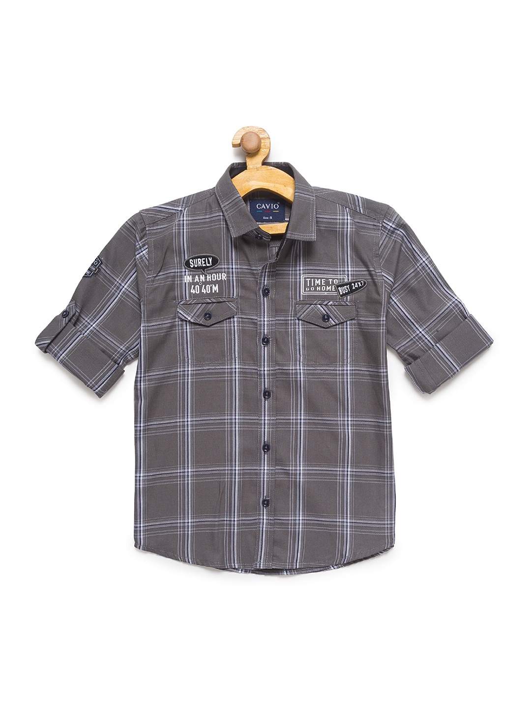 

CAVIO Boys Grey & White Tartan Checks Cotton Blend Casual Shirt