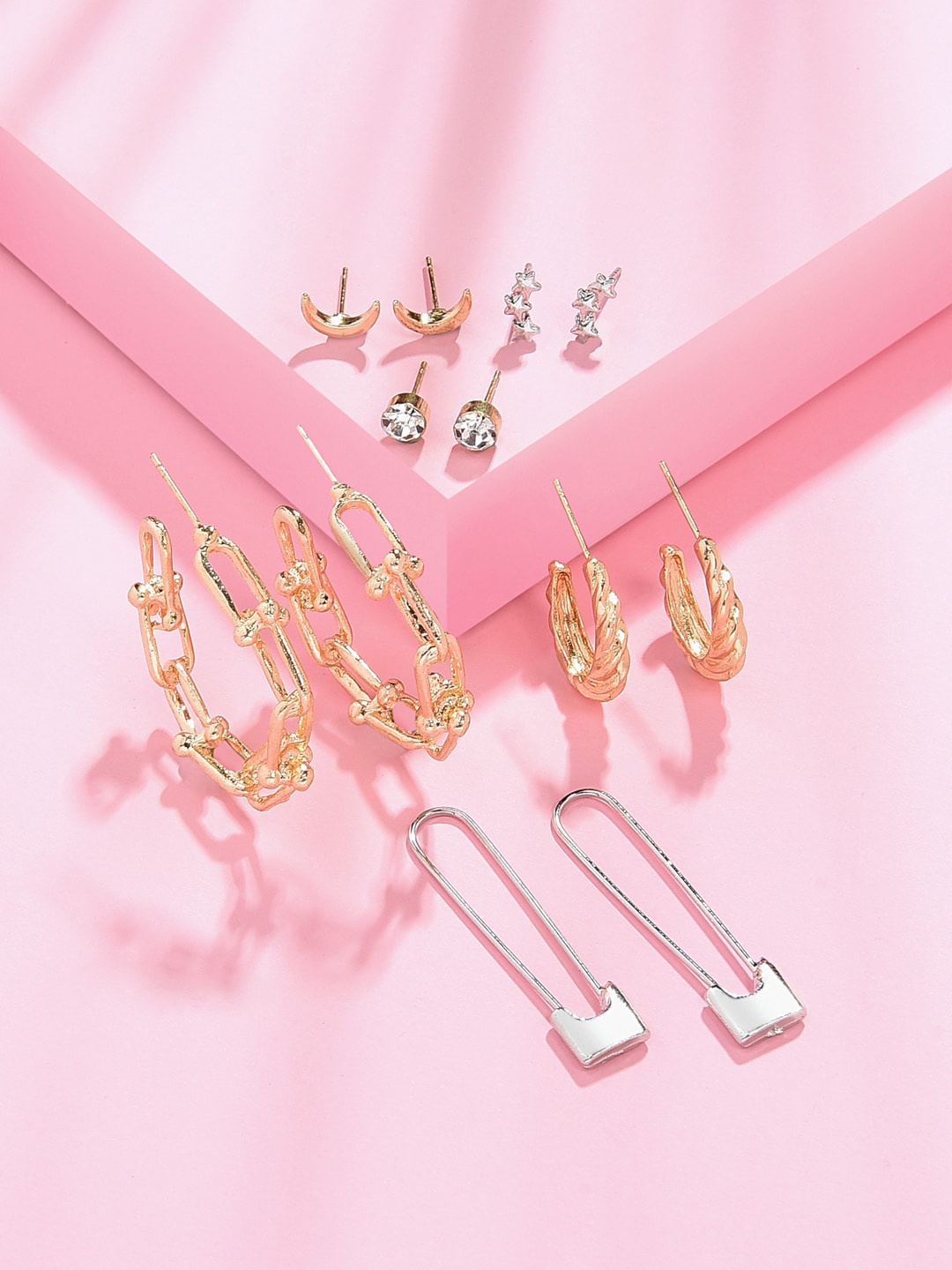 

ToniQ Gold-Toned Set Of 6 Gold-Toned Contemporary Studs Drop & Hoop Earrings