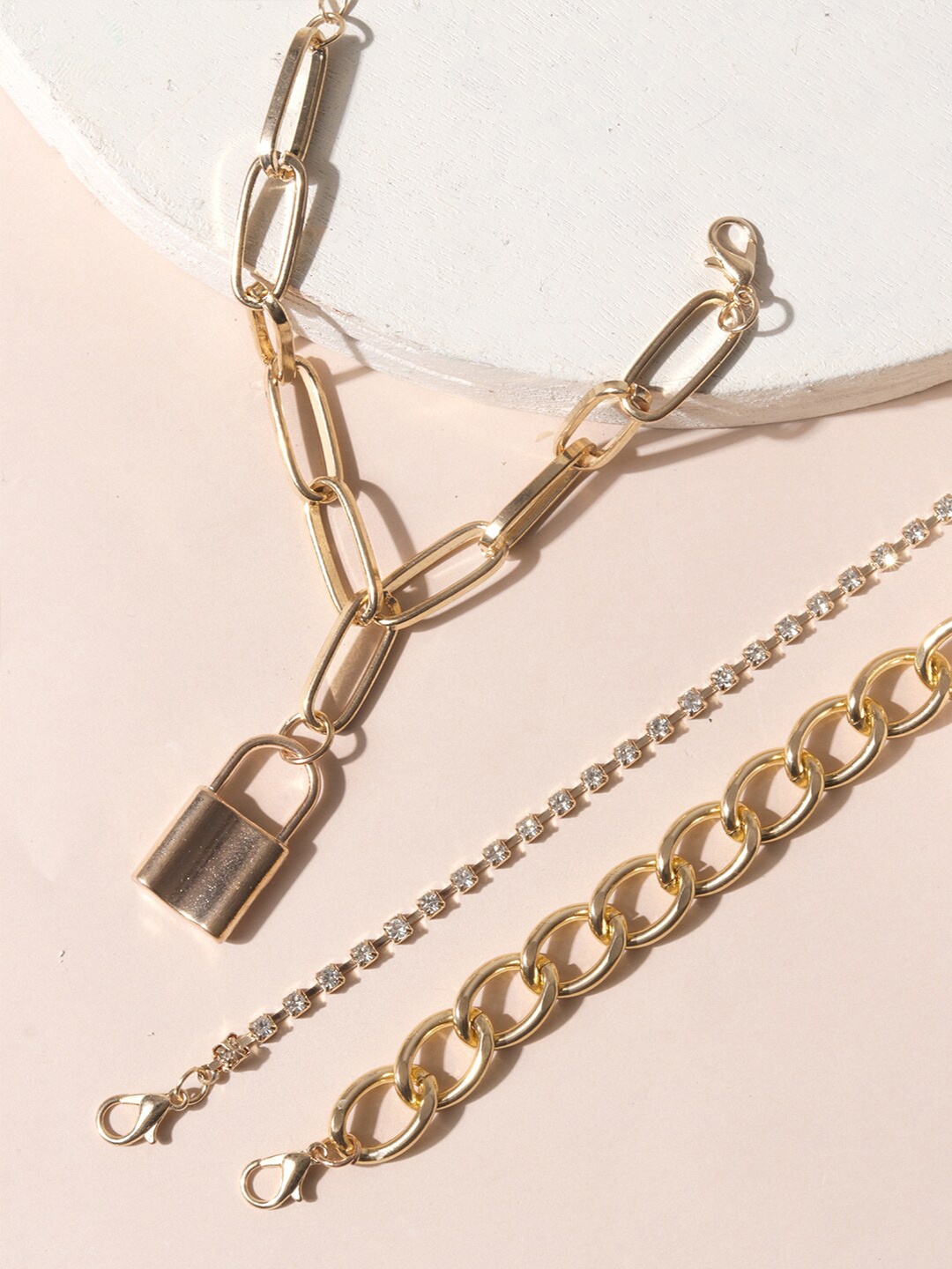 

ToniQ Women Set of 3 Gold-Plated Linked Stone Charm Chunky Padlock Bracelet