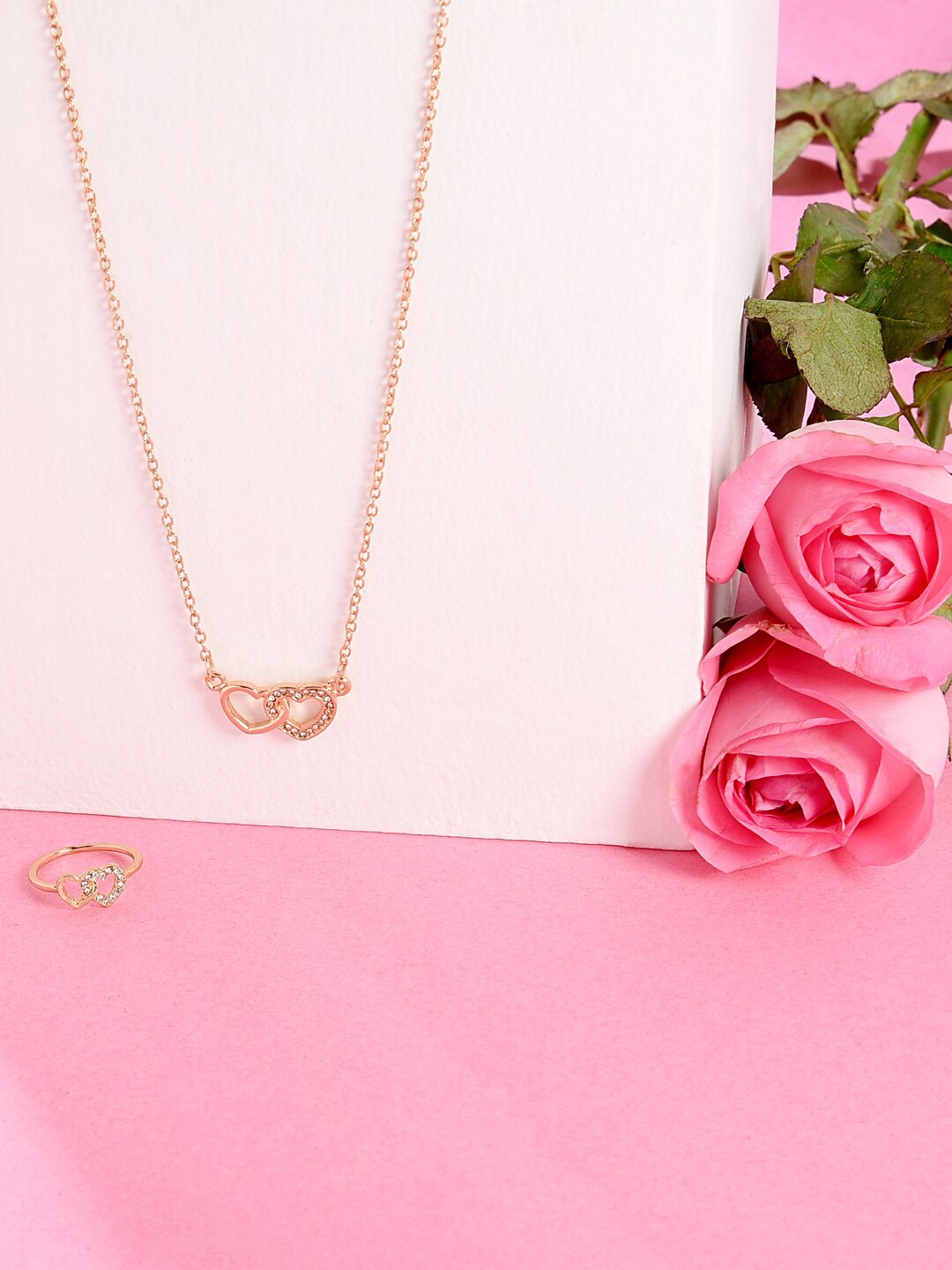 

ToniQ Women Gold-Toned White CZ-Studded Heart Pendant & Ring Jewellery Set