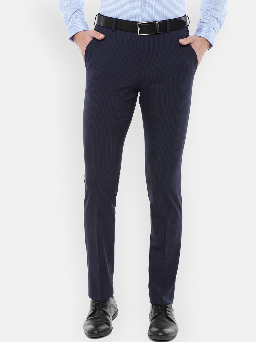 

Louis Philippe Permapress Men Navy Blue Striped Slim Fit Trousers