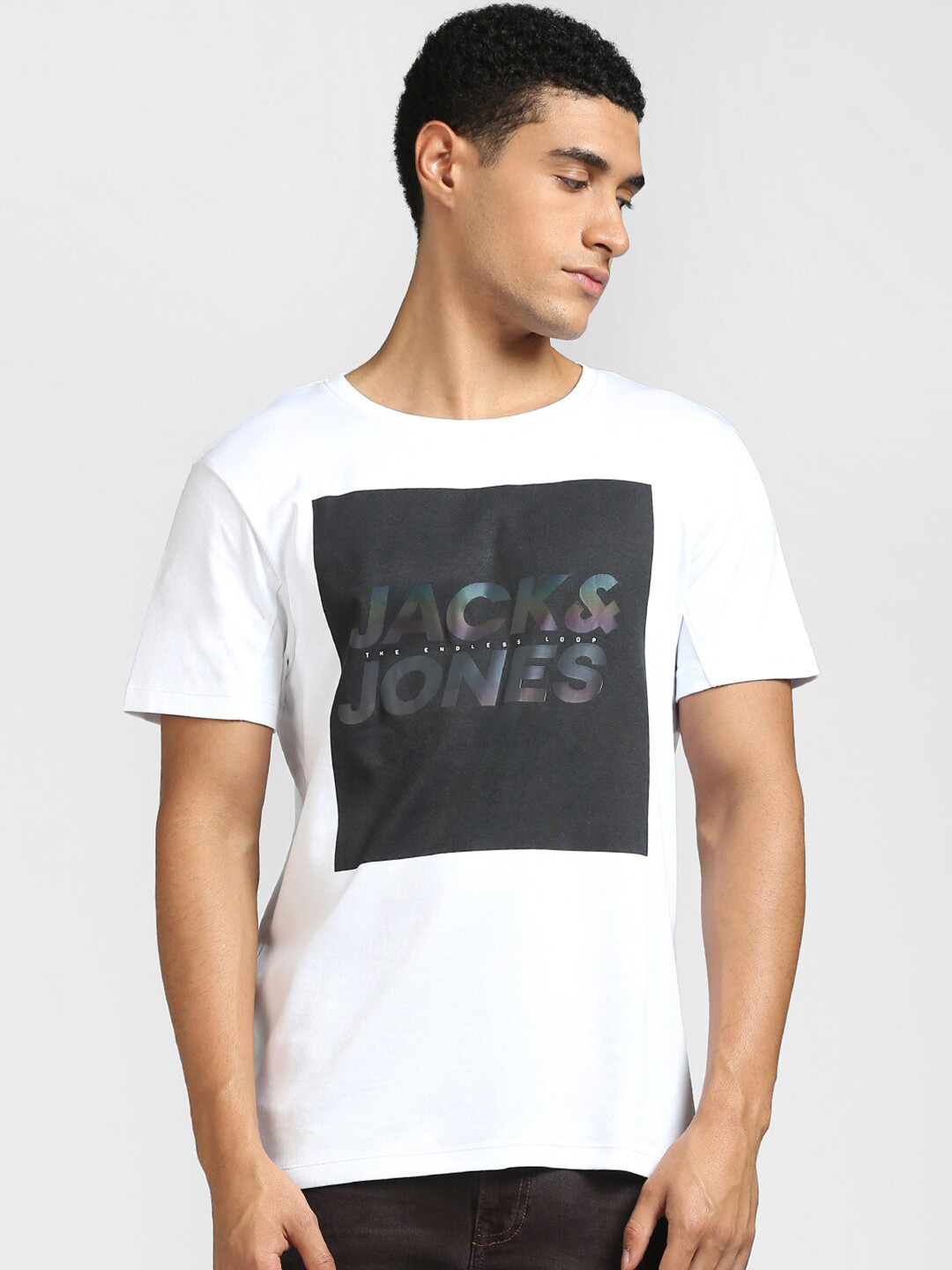 

Jack & Jones Men White & Black Brand Logo Printed Cotton T-shirt