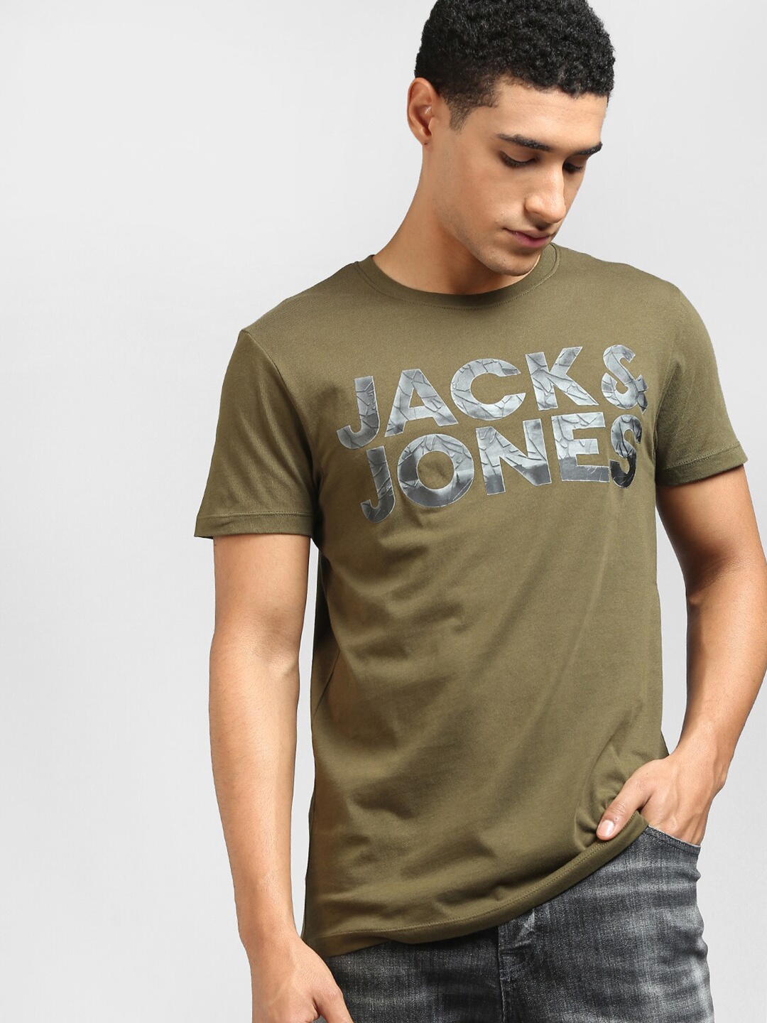 

Jack & Jones Men Green & Grey Brand Logo Printed Cotton T-shirt