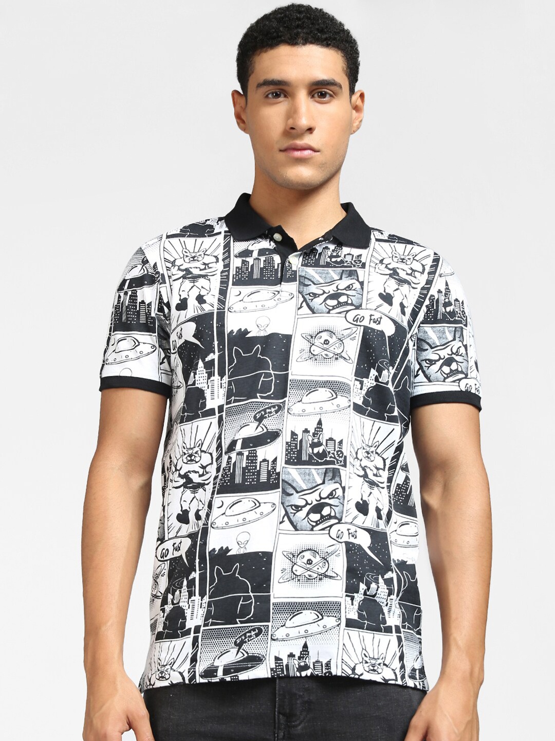 Jack & Jones Men White & Black Printed Polo Collar Cotton T-shirt