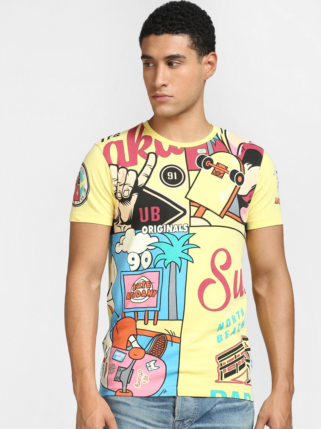 

Jack & Jones Men Yellow & Blue Printed Cotton T-shirt